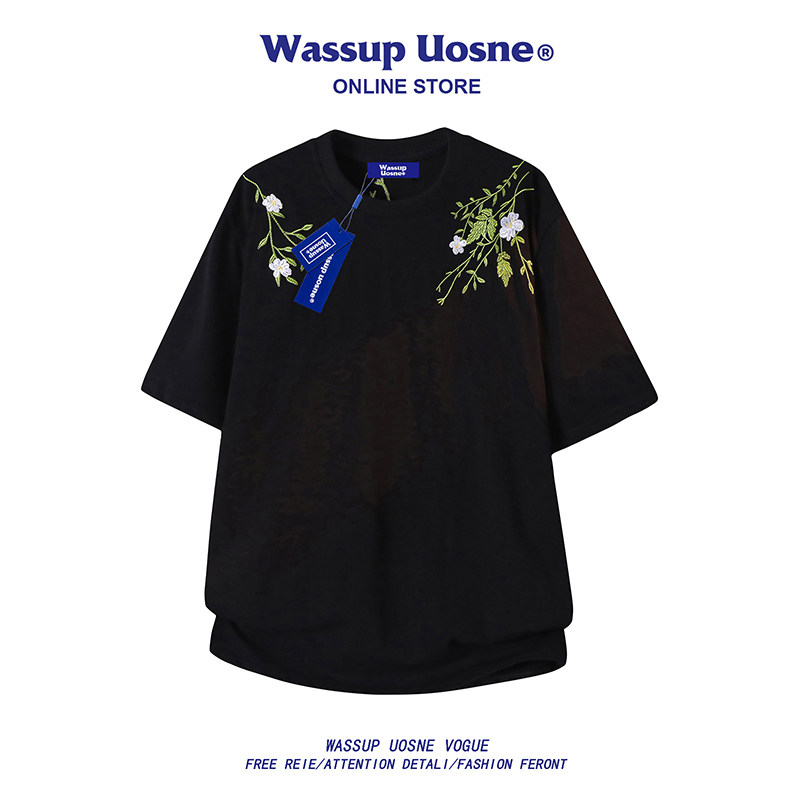 WASSUP UOSNE美式高街潮牌重磅纯棉刺绣短袖t恤男女夏季情侣上衣