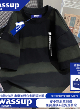 WASSUP NURAYA特大码300斤美式复古条纹短袖t恤男士纯棉潮牌上衣