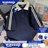 夏季 WASSUP t恤男士 复古polo领纯棉短袖 宽松情侣上衣服 NURAYA美式