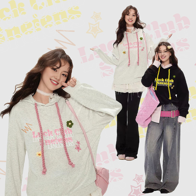 甜酷软妹风连帽撞色立体花朵麻花帽绳卫衣W3028