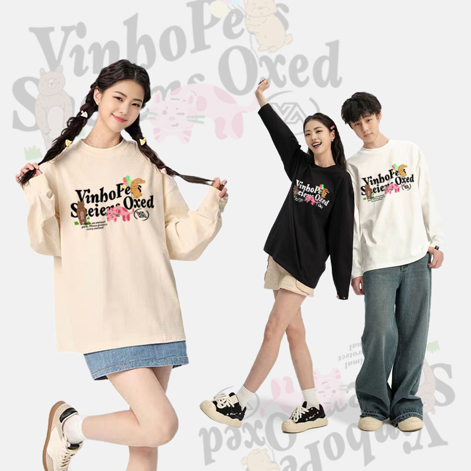 VINHOPESS/威宏丝纯棉卡通风宽松型趣味字母印花情侣圆领长袖T恤