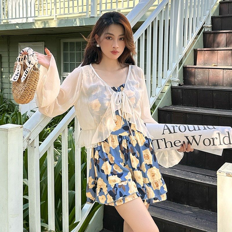 连体长袖罩衫保守微胖女孩遮肉泡温泉油彩高级感游泳衣泳衣女大码