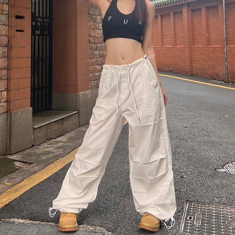 1N1N美式低腰辣妹阔腿设计感伞兵工装裤拖地hiphop运动裤