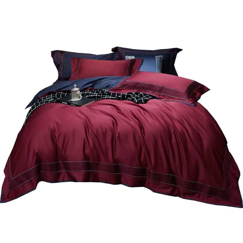 现货高档高档欧式四件套全棉100S长绒棉双股酒红被套床单纯棉婚庆
