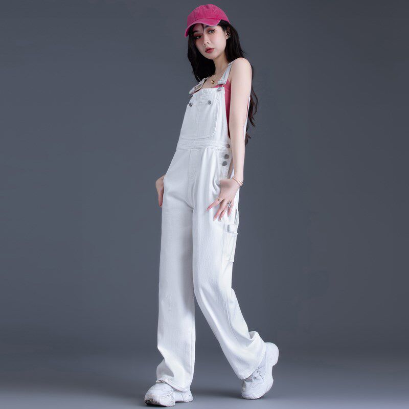 白色牛仔c背带裤女美式网红2024年新款直筒阔腿裤工装裤减龄小个