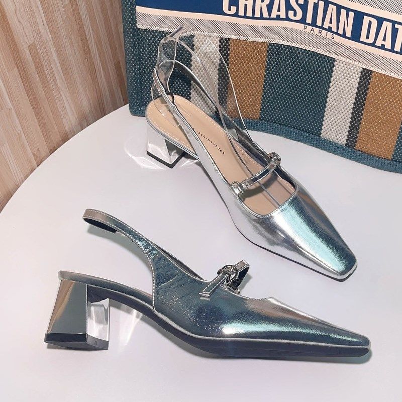 绝美法式银色包头一字带凉鞋女粗跟夏季2024年新款后空方头高跟鞋,女鞋,时装凉鞋,淘宝优惠券,粉丝福利购,淘宝优惠卷