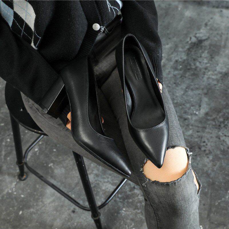 小码女鞋313233黑色春高跟工作鞋粗跟大码41一43胖脚宽肥工装单鞋