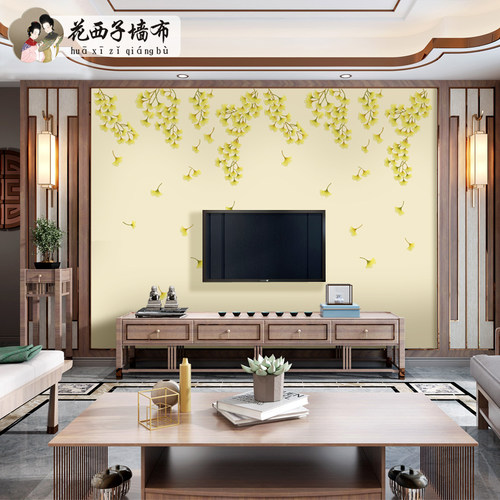银杏叶中式卧室j床头背景墙布独秀刺绣客厅餐厅沙U发电视背景壁布