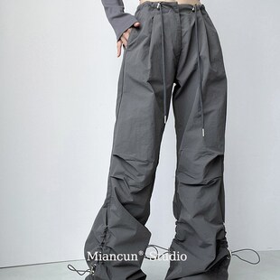 美式街头抽绳褶皱设计感低腰微喇伐木工装裤女宽松降落伞休闲长裤