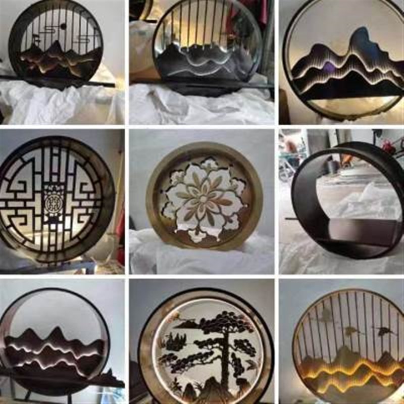 新款厂促不锈钢屏风隔断圆形嵌入式装饰客厅假山圆弧背景墙大庭院