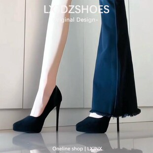 黑色防水台高跟鞋女秋冬法式绒面尖头细跟厚底Q气质小个子不累脚