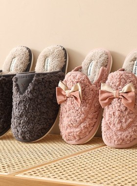 韩版蝴结拖鞋女冬季居棉蝶家室内滑可爱毛绒情侣保暖31982软底可