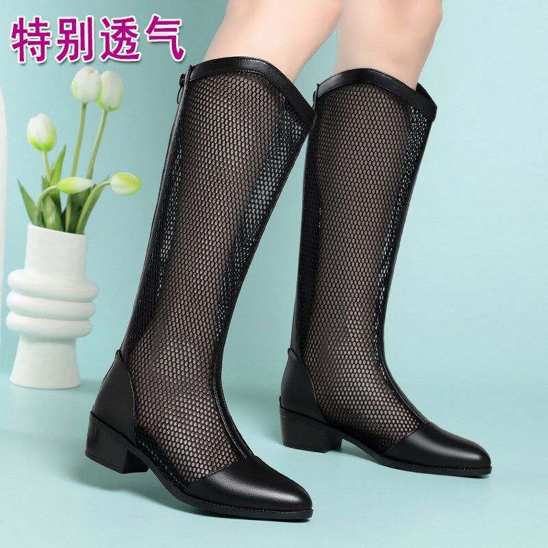 网纱镂空长筒靴女2025年新款夏季薄款网靴透气Q粗跟高筒凉靴妈妈