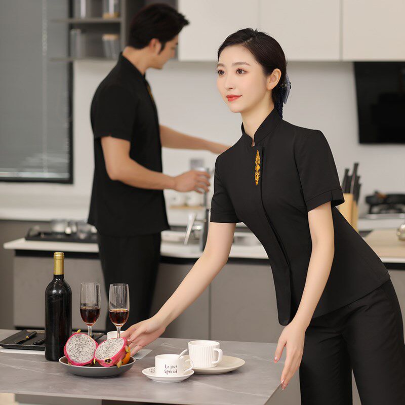 高档酒店餐饮服务员工作服长袖火锅饭店中式餐厅男女员工定制工服