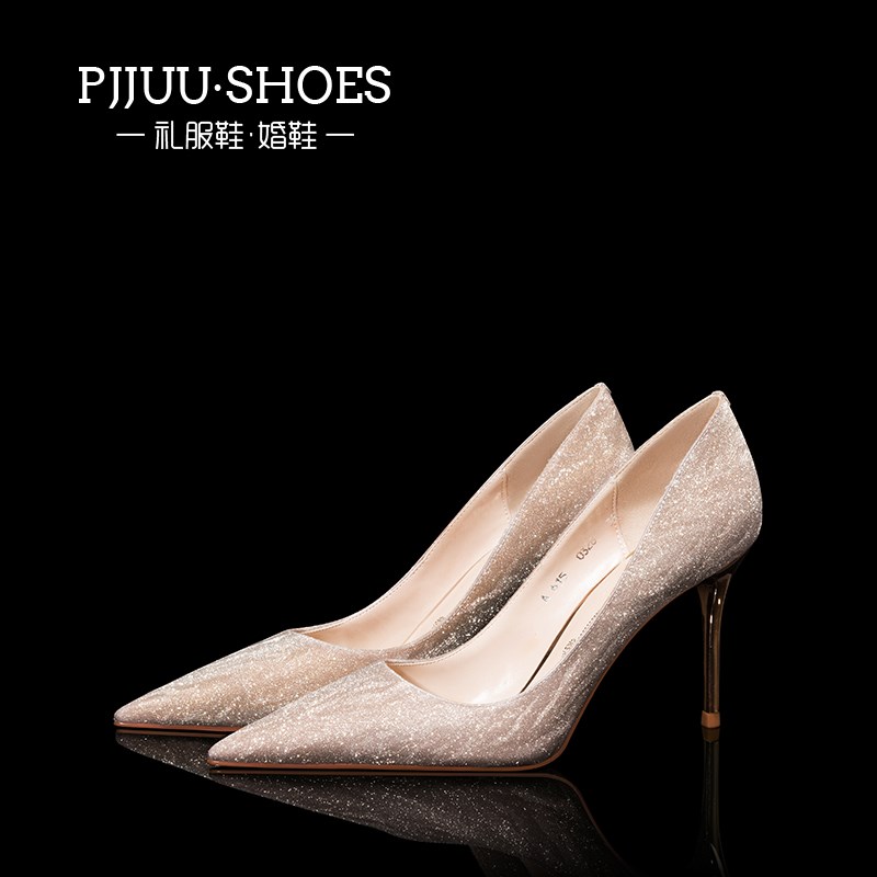pjjuu新娘鞋 金色婚鞋2025年新款日I常可穿水晶细跟结婚高跟鞋子