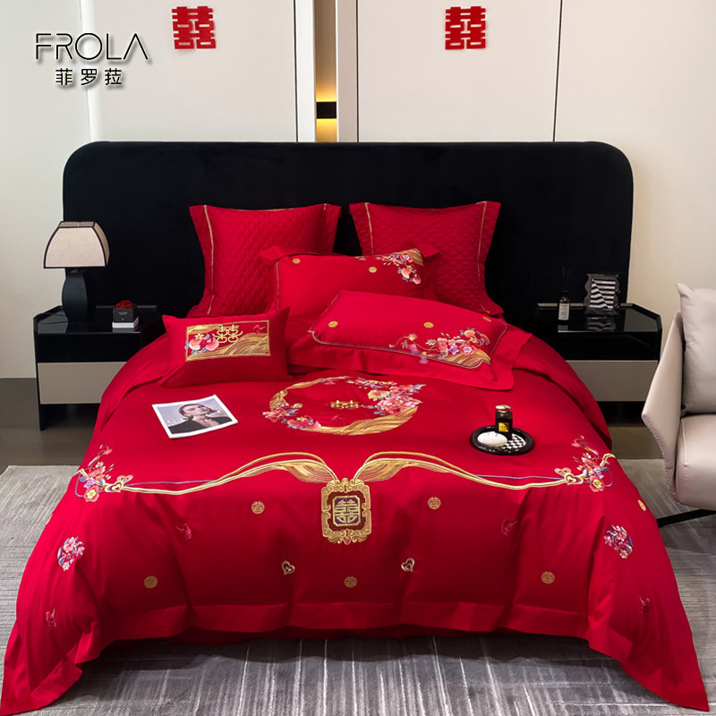 结婚女方陪嫁婚庆床品套件纯棉四件套全棉六件套大红色喜被高级感