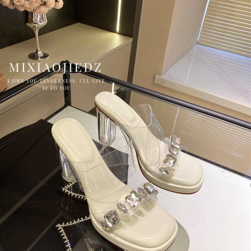 小个子高跟鞋子女凉鞋夏天外穿一字带水钻透明水晶粗跟凉拖鞋外穿,女鞋,一字拖,淘宝优惠券,粉丝福利购,淘宝优惠卷