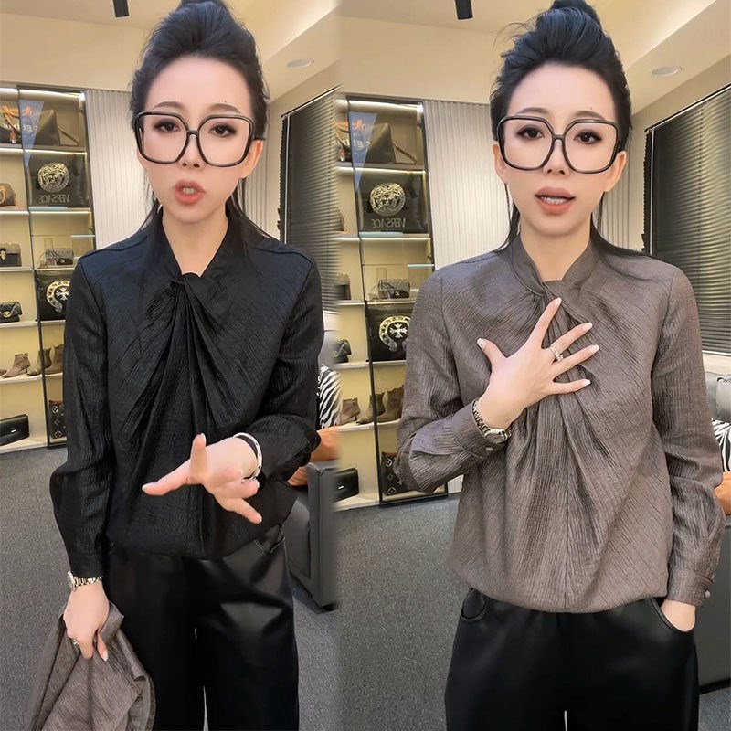 欧货气质衬衫女24秋冬季法式高级感褶皱交叉蝴蝶结显瘦别致打底衫