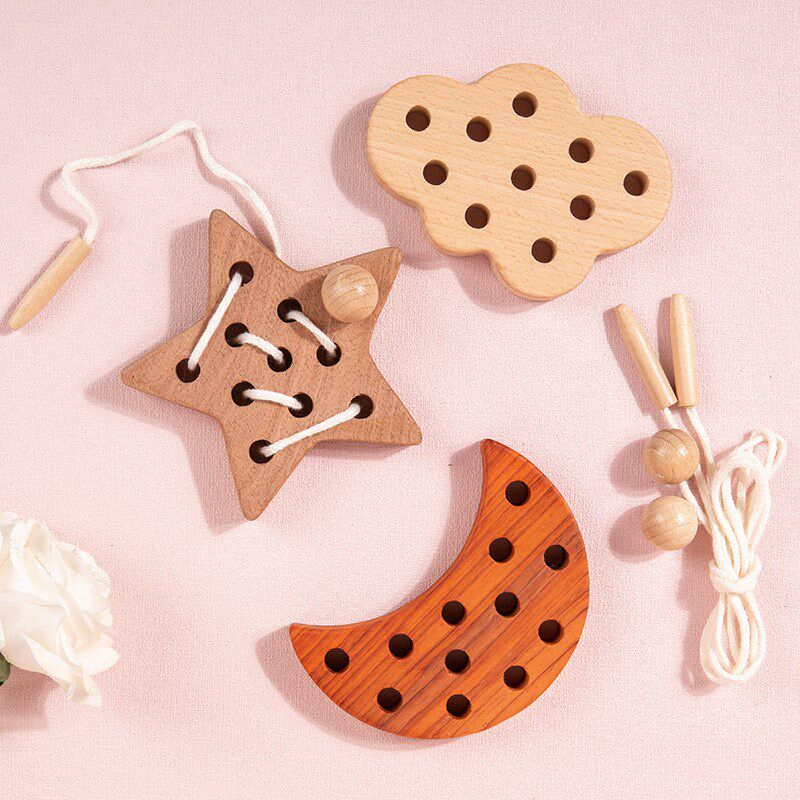 木制动物穿绳穿线板玩具幼儿童专注力训练手部精细动作益智串绕珠