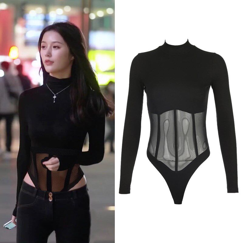 欧美秋冬新品网纱拼接镂空连裆女T恤长袖黑色显瘦连身连体打底衫