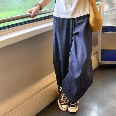 慵懒风牛仔蓝百搭阔腿裤女夏季新款显瘦宽松九分裤气球裤奶奶裤
