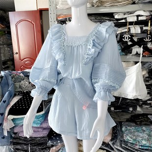 地球店 两件套时尚 冰蓝色荷叶边网红炸街泡泡袖 女夏装 洋气 套装