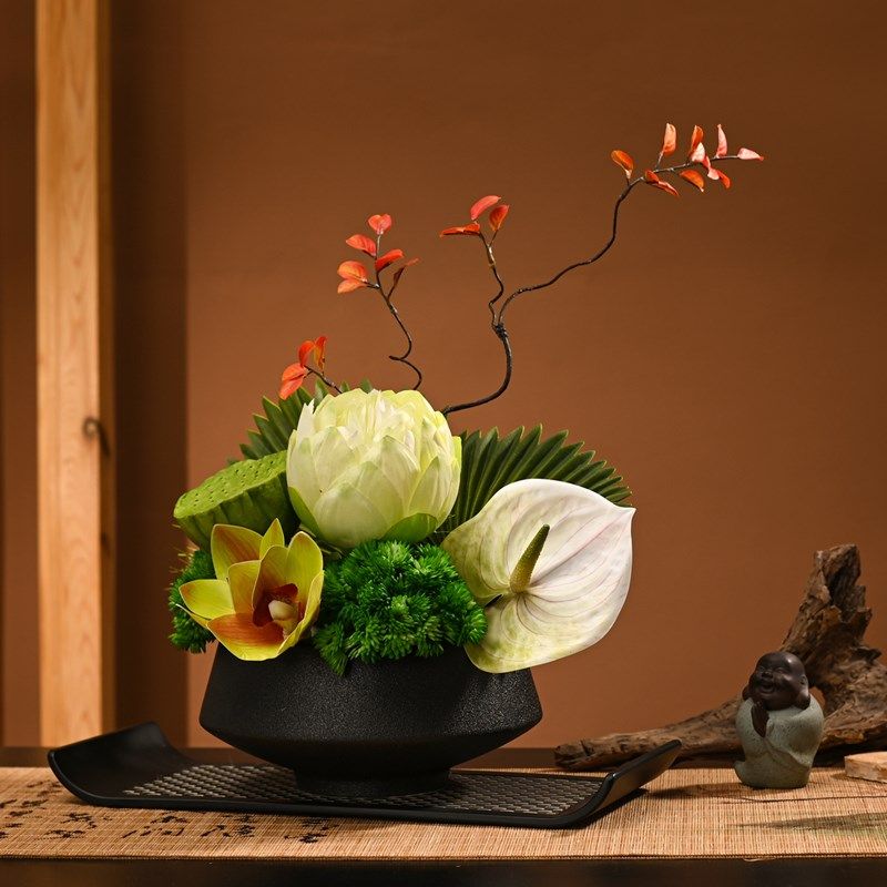 仿真莲花摆件佛台荷花摆设装饰花卉仿真花O高档摆花餐台高端摆花