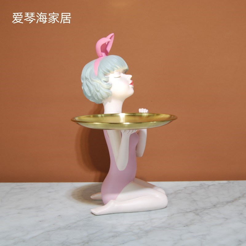 现代简约收纳托盘可爱女孩看书与猫摆件家居玄关少女心房间装饰品