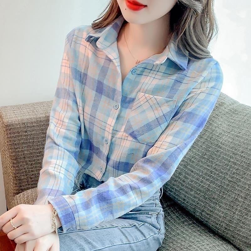 春秋款打底小衬衫女装复古格子长