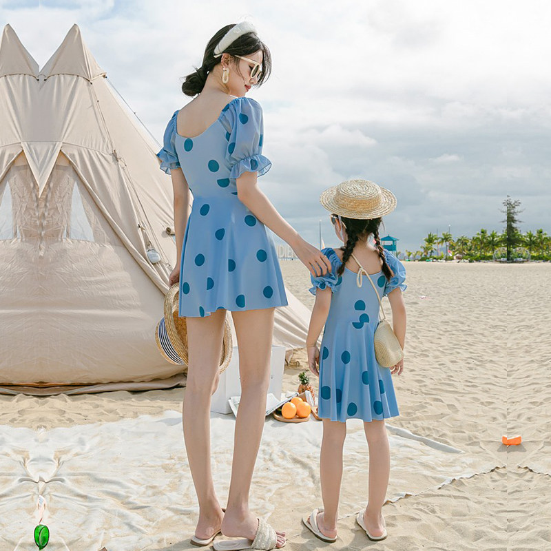 亲子泳衣女母女连体裙式平角保守显瘦可爱儿童泳衣温泉亲子泳装