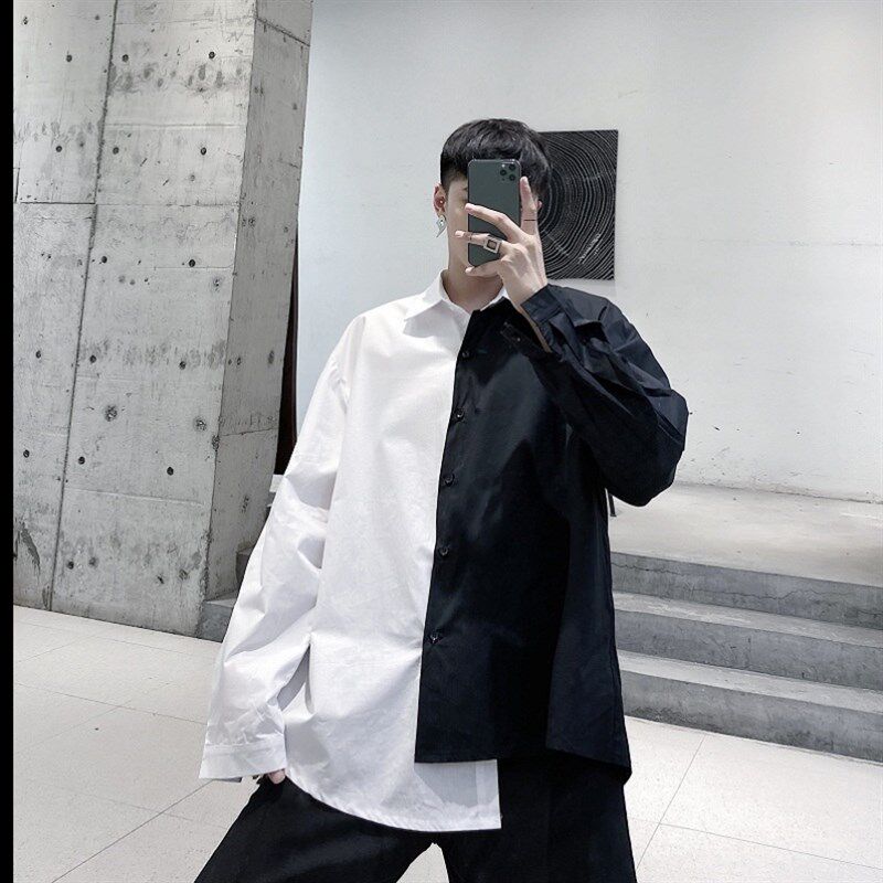 个性黑白拼接撞色衬衫男长袖春秋宽松韩版设计感不对称衬衣发型师