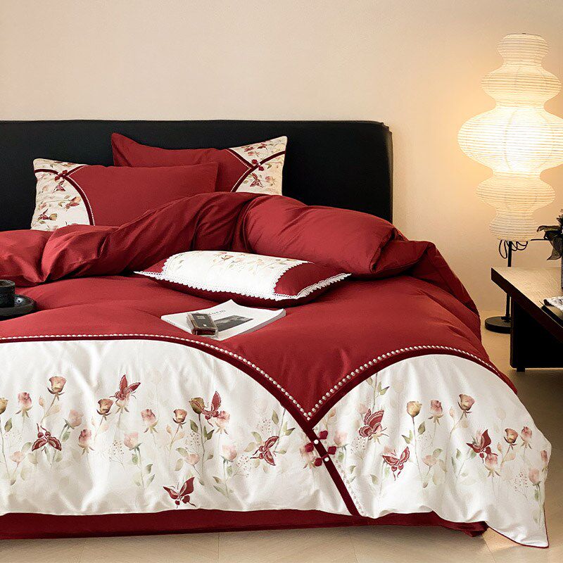 新中式婚庆床上四件套全棉100支长绒棉印花刺绣红色结婚被套床单