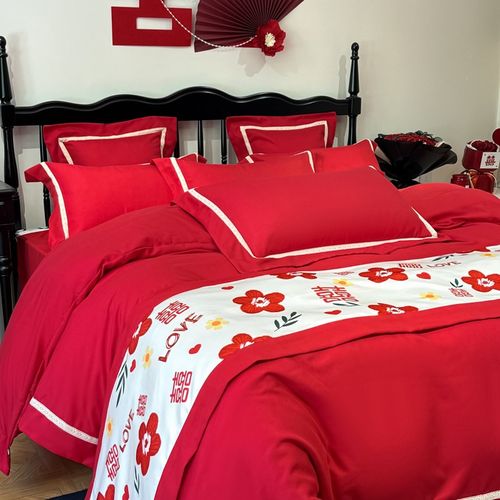 100支长绒棉结婚四件套大红色全棉纯棉陪嫁喜被套床单床上用品