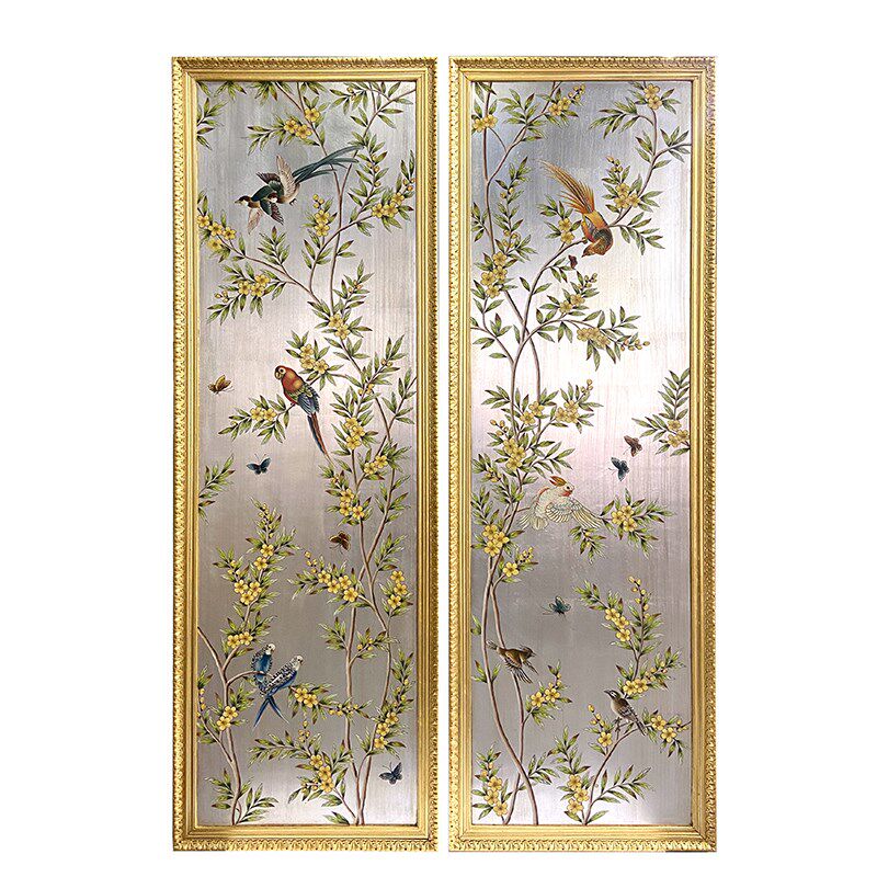 法式奢华手绘花鸟装饰画欧式金银箔别墅挂画客厅壁画沙发背景画