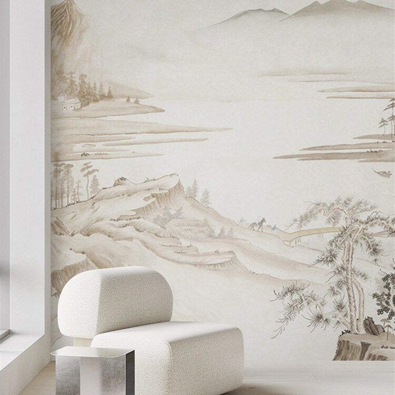 现代新中式水墨画江山壁纸定制壁画客厅背景墙壁纸卧室墙纸墙布