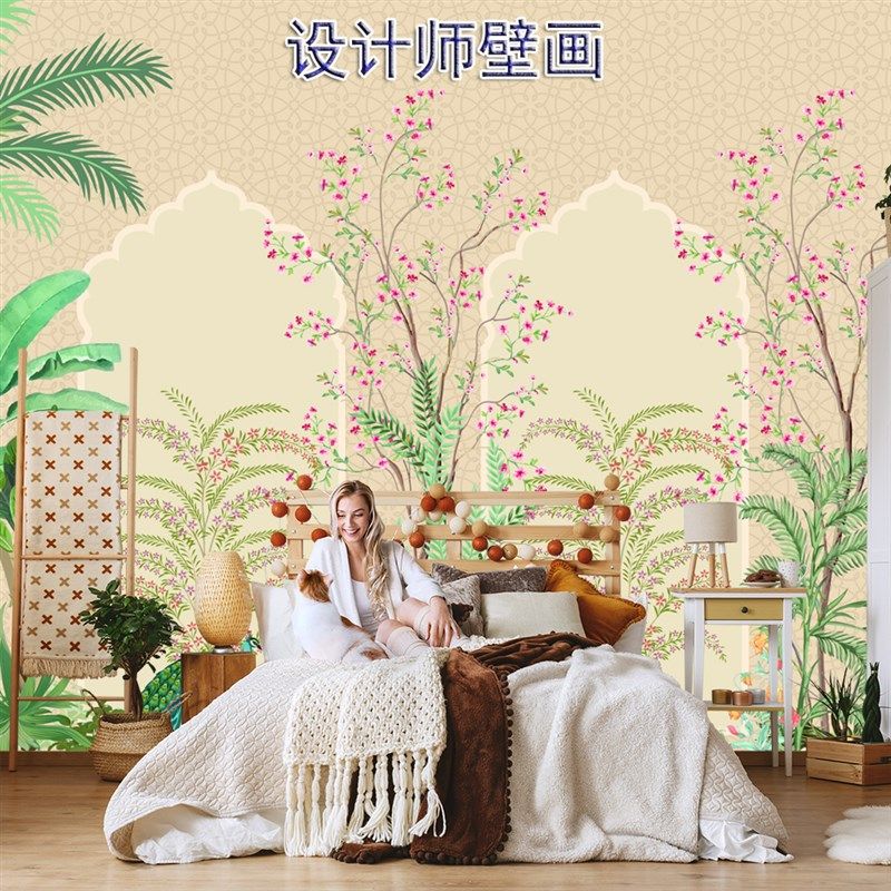 美式简约热带植物花鸟墙布客厅沙发背景墙纸壁布卧室玄关定制壁画
