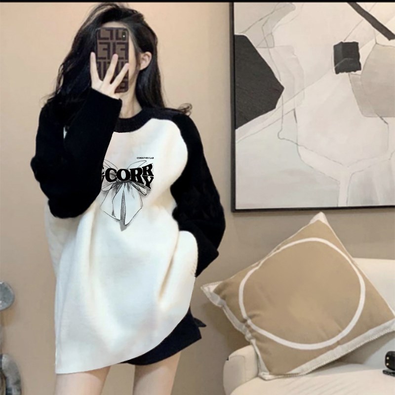 德绒打底衫女秋冬新款拼色插肩袖中长款遮屁股宽松显瘦加厚T恤潮