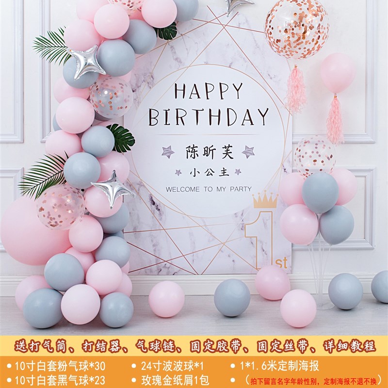 女孩宝宝1周岁生日布置场景装饰儿童一百天百日宴满月背景墙极凯