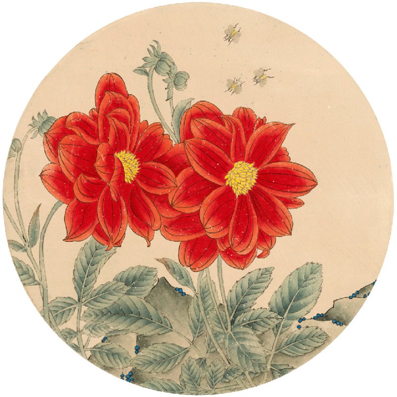 四联圆形工笔花鸟国画客厅书房办公室内现代中式装饰挂画实木画框图片