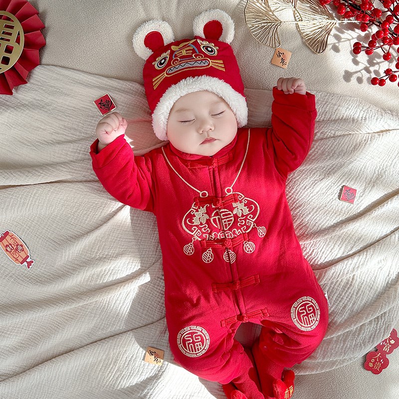 男宝宝拜年服秋季新生儿连体哈衣满月百天过年服冬装女婴儿新年装