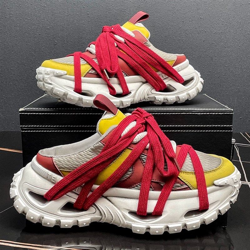 无后跟老爹鞋男款2025夏季透气网E面男鞋时尚拼色百搭外穿包头半