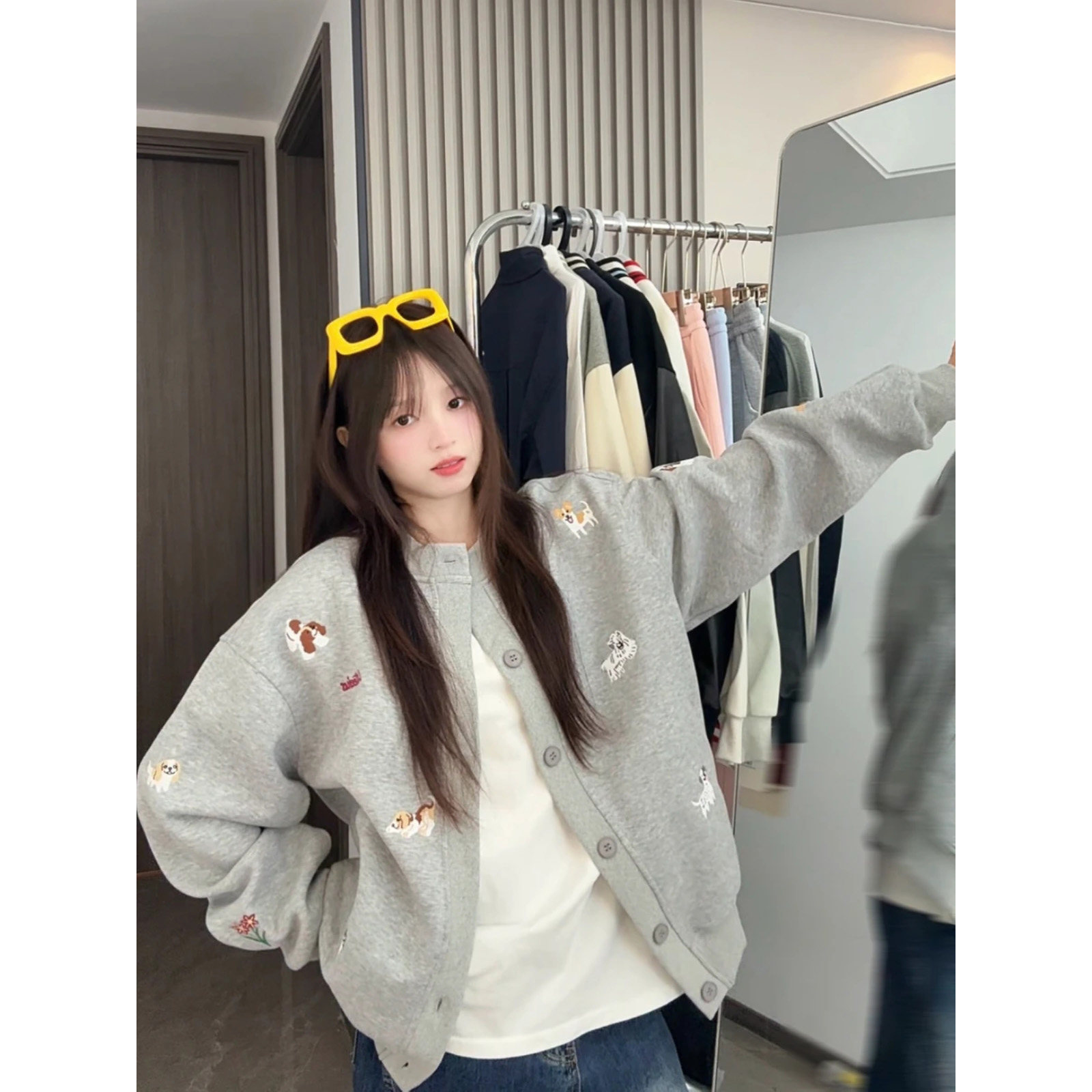 小狗绣花开衫宽松夹克男女