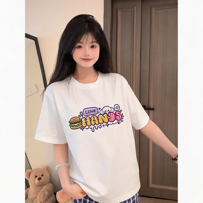 HandSeven潮流趣味涂鸦刺绣美式t恤2026新款韩系甜美宽松圆领短袖