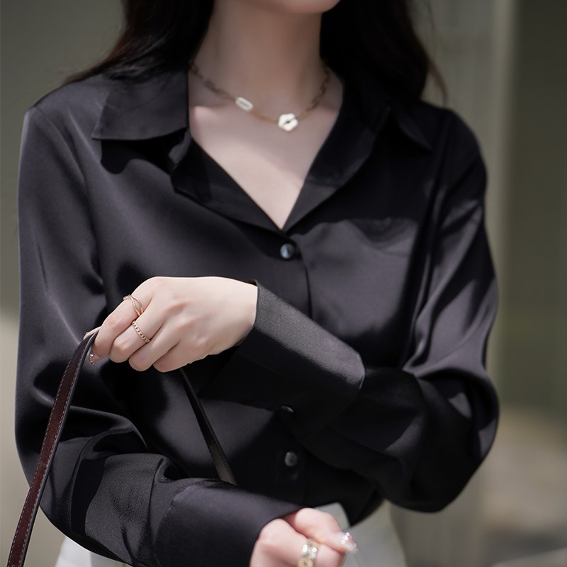 高级感醋酸缎面衬衫m女士黑色衬衣免烫抗皱大码显瘦宽松垂感遮屁