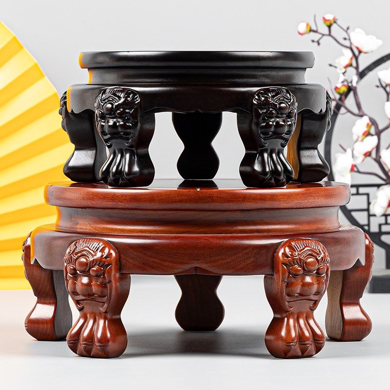 花梨木虎脚虎脸圆形花瓶底座实木花盆文玩奇石工艺品摆件底座托架