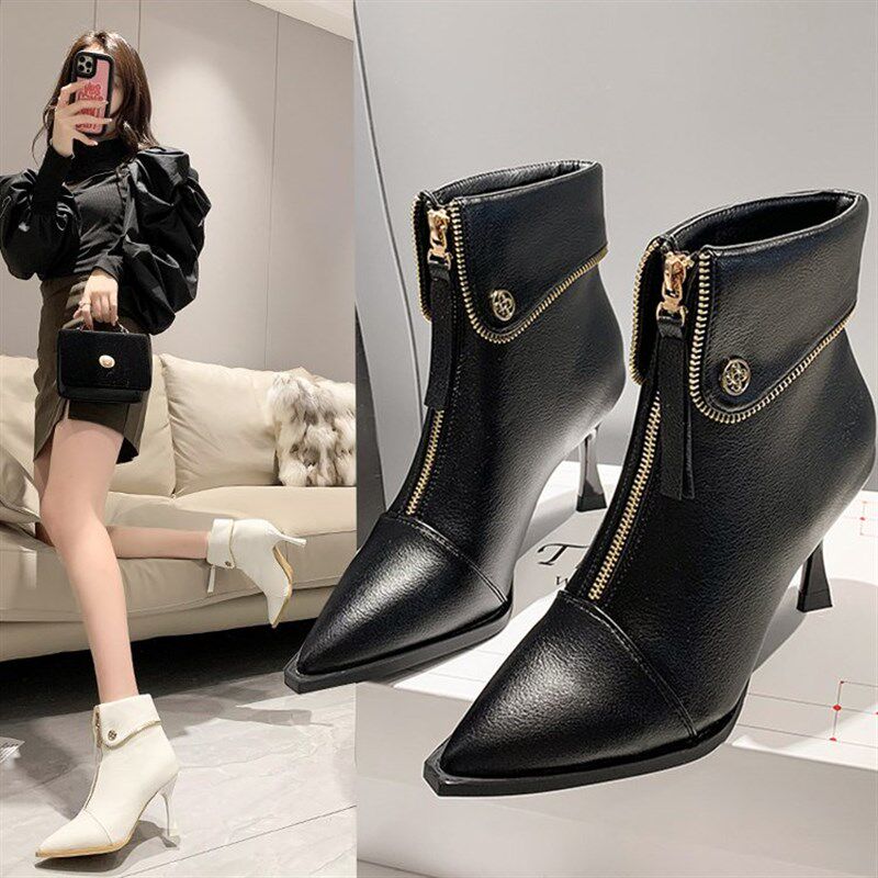 尖头高跟鞋前拉链短靴女2024秋冬新款气质瘦瘦靴T细跟不累脚时装