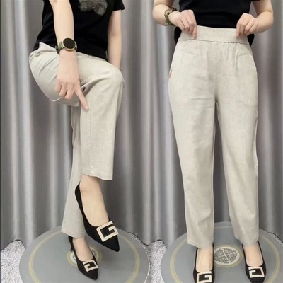 冰麻妈妈裤女夏季薄款显瘦百搭休闲长裤宽松遮臀遮胯中老年女裤