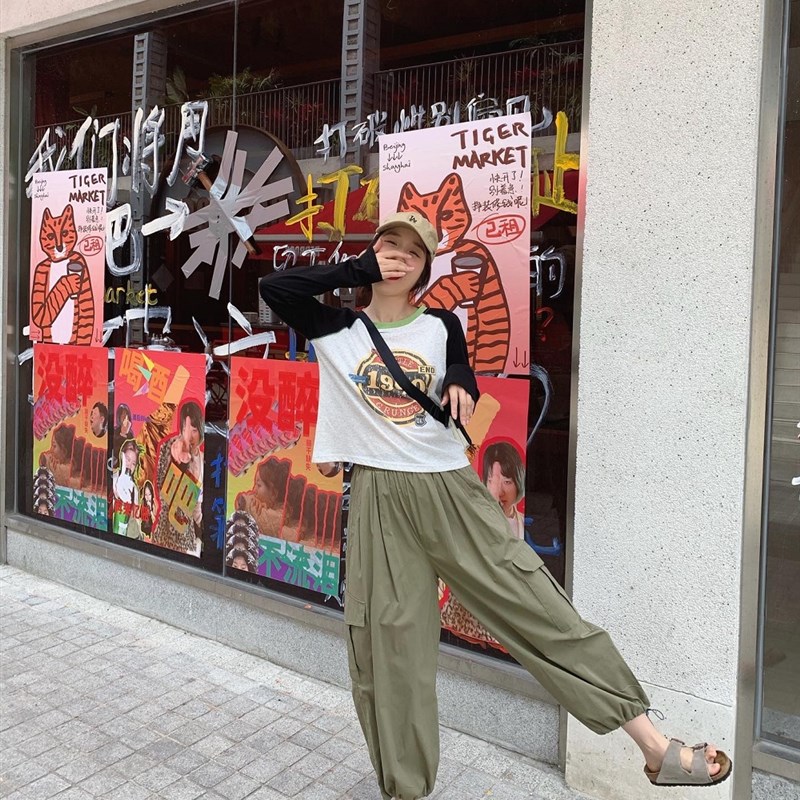 徐蹦蹦 洋气炸 日系夏季百搭宽松军绿束脚工装裤女直筒休闲阔腿裤