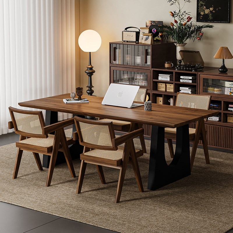 北美黑胡桃木电脑办公桌长方形去客厅化大厂工作台大板餐书桌一体