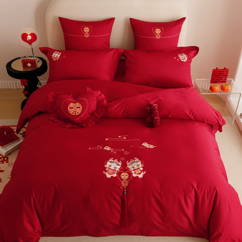 新婚庆喜被四件套结婚全棉大红色卡通刺绣被罩套床单婚房床品
